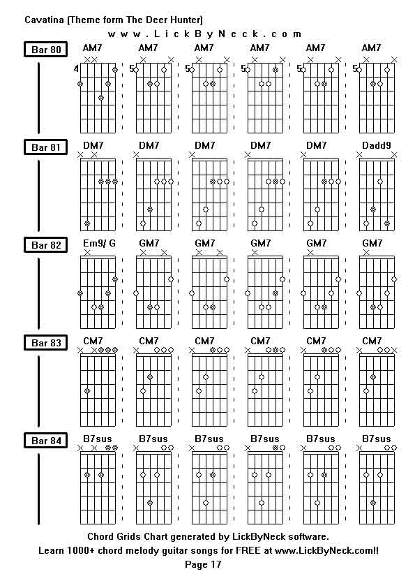 Chord Grids Chart of chord melody fingerstyle guitar song-Cavatina (Theme form The Deer Hunter),generated by LickByNeck software.